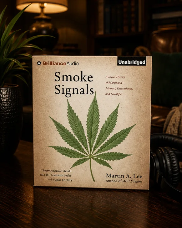 The Brilliance Audio edition of Smoke Signals by Martin A. Lee standing on a dark wooden table beside over-ear headphones