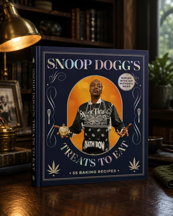 The hardback book Snoop Dogg's Treats to Eat, 55 Baking Recipes, standing upright on a dark wood desk beside a brass lamp, its navy cover showing the author on an orange background