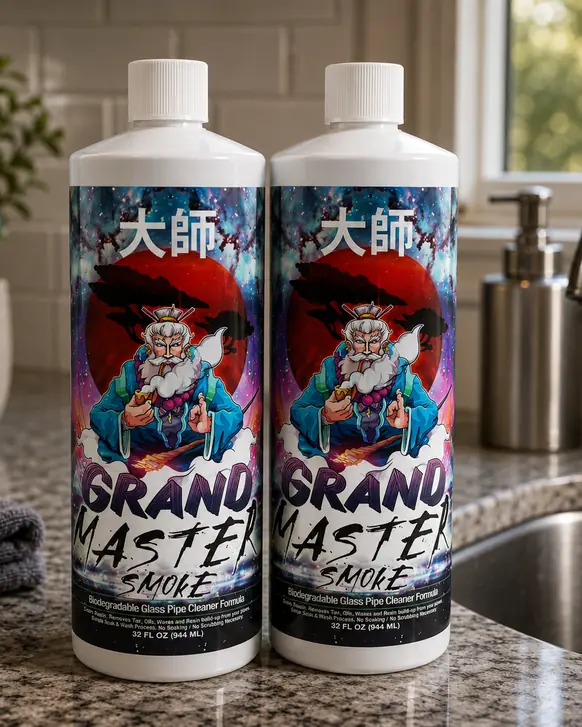 Two 32 fluid ounce bottles of Grand Master Smoke soak and wash pipe cleaner standing side by side on a granite counter beside a kitchen sink