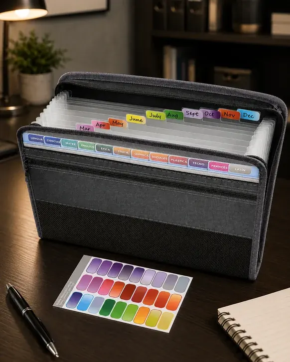 An open black zippered accordion document folder on a dark wooden desk under a warm lamp, its colored index tabs fanned out, with a sheet of blank colored labels, a pen and a notebook in front