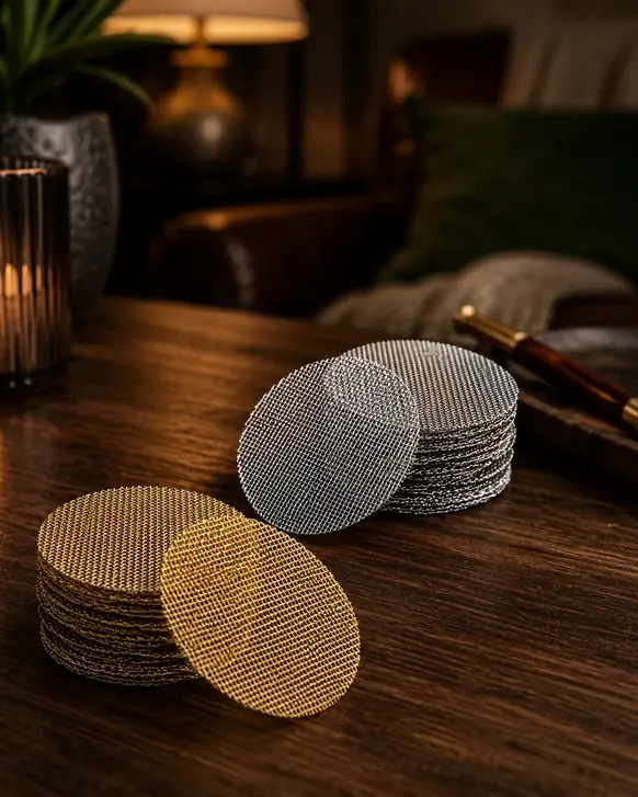 Two stacks of round mesh pipe screens on a dark wood table, one brass and one stainless, with a single screen from each stack propped upright to show the weave