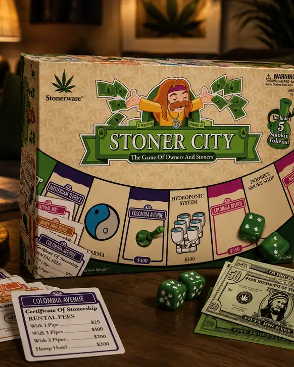 The Stoner City board game box standing on a dark wood table with property cards, green dice and play money laid out in front of it