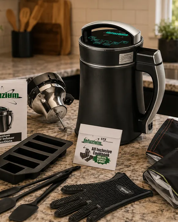 A black STX Infuzium herbal infuser on a granite kitchen counter, surrounded by its stirring assembly, silicone butter mold, spatulas, glove, filter bags and instruction booklets