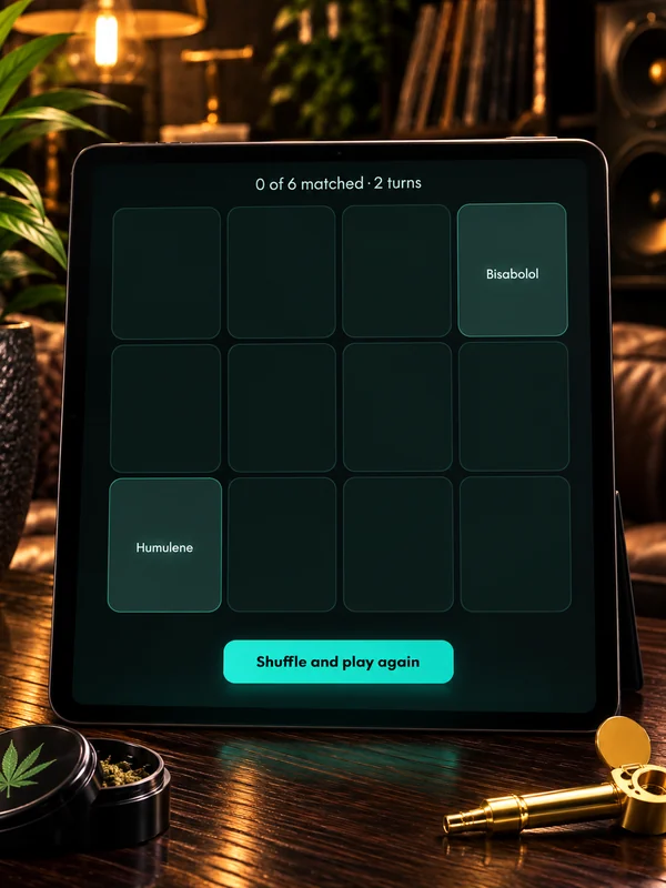 A tablet on a dark table showing a grid of memory tiles with two terpene names turned face up