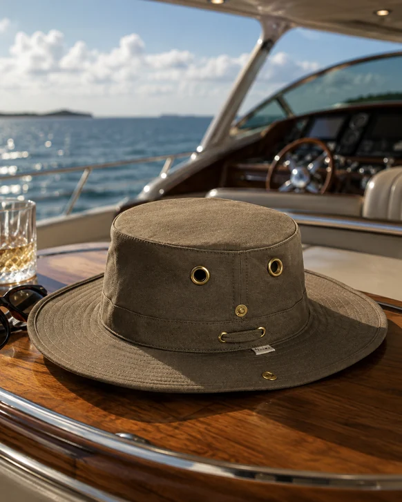 An olive hemp canvas hat with brass eyelets and a wide stitched brim, resting on the varnished wood table of a boat with open water behind