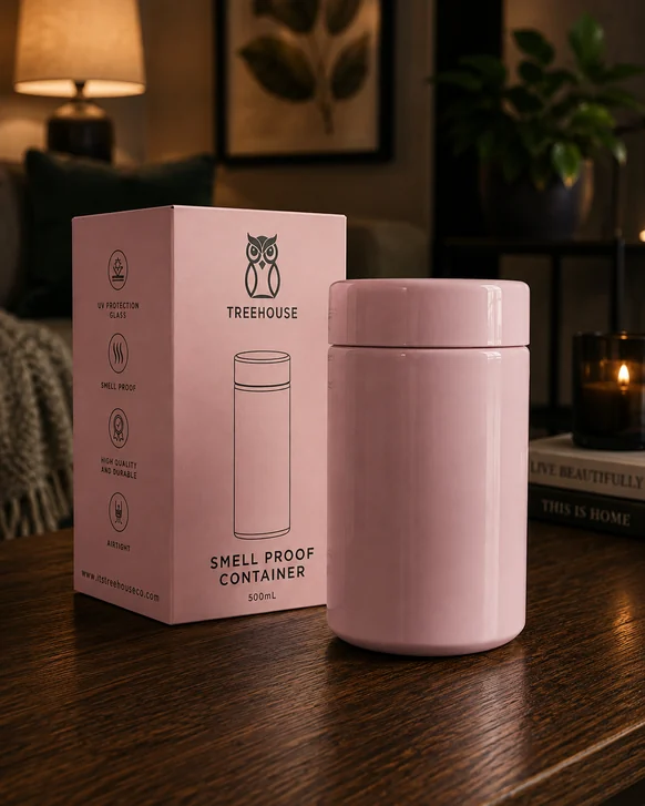 A pink Treehouse smell-proof container beside its matching retail box on a dark wooden table, the box listing UV protection glass, smell proof and airtight