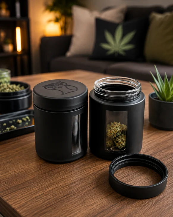 Two small black smell-proof storage jars with viewing windows on a wooden table, one closed and one open with its screw lid resting alongside