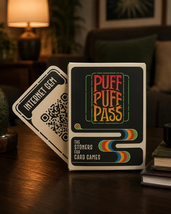 A boxed card game standing upright on a dark wood table beside a lamp, with one card leaning against it