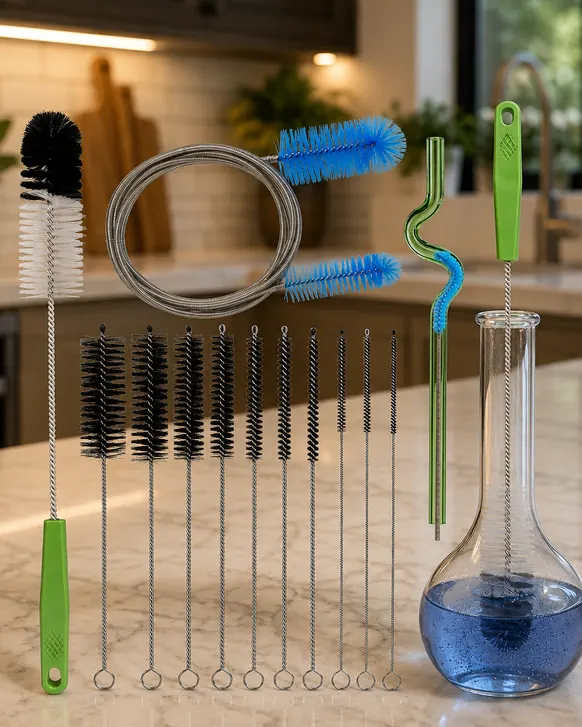 Twelve cleaning brushes of assorted widths laid out on a kitchen counter with a coiled flexible cable brush and a glass flask being cleaned