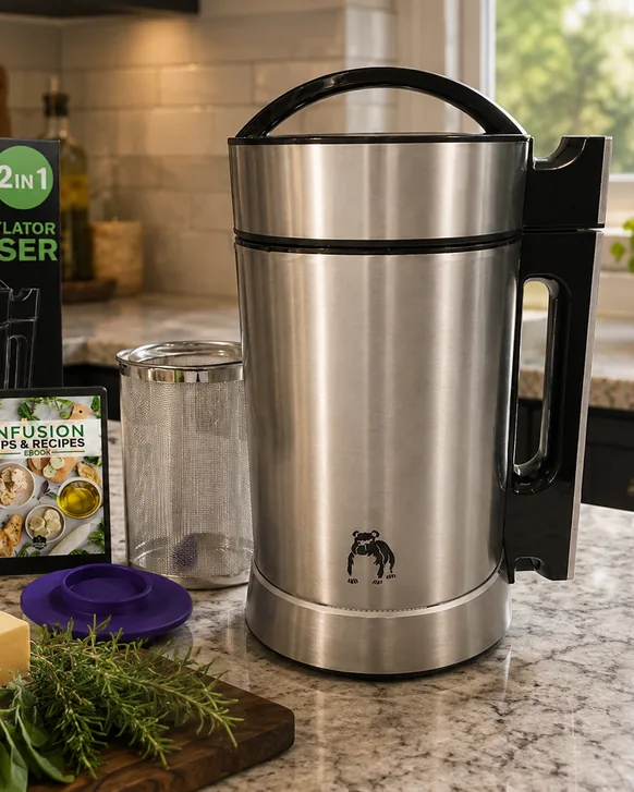 A stainless steel two-in-one decarboxylator and infuser on a granite kitchen counter, with its mesh filter basket, a purple lid, butter and fresh herbs on a board beside it
