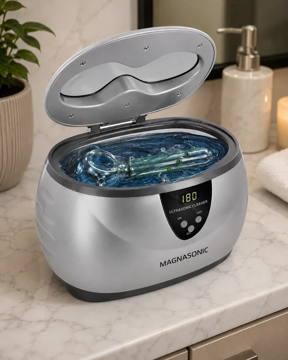 A stainless steel ultrasonic cleaner on a marble bathroom counter with its lid open, a glass pipe resting in the filled tank and the digital timer reading 180 seconds