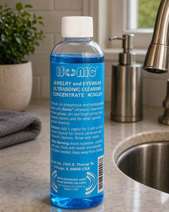 An 8 ounce bottle of iSonic ultrasonic cleaning concentrate, filled with blue liquid, standing on a granite counter beside a kitchen sink