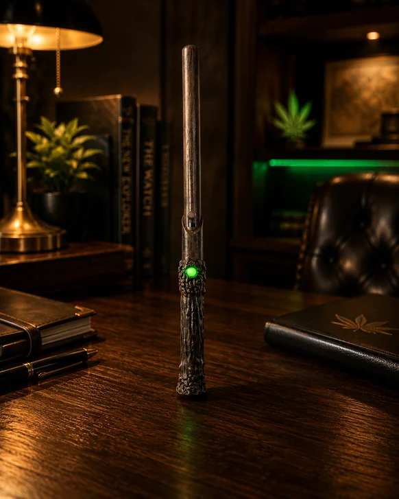 A carved wooden wand standing upright on a desk, a green light glowing from a stone set into its handle