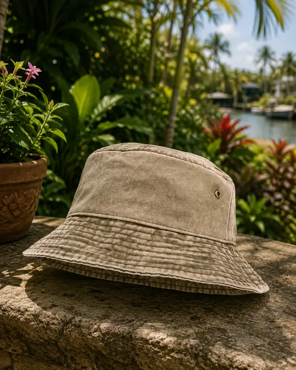 A washed sand-colored cotton bucket hat with a brass eyelet, resting on a stone wall with a Florida canal and tropical planting behind it