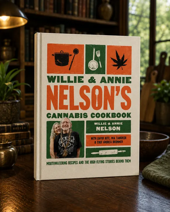 The hardback Willie and Annie Nelson's Cannabis Cookbook standing upright on a dark wood desk beside a brass lamp, its cream cover printed with kitchen tools and a photograph of the authors