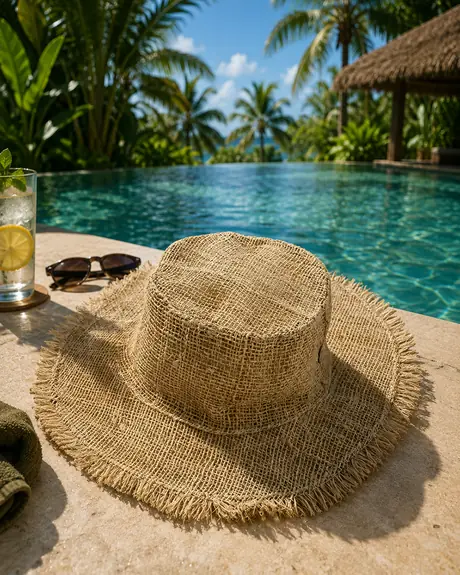 A natural hemp sun hat with a wide frayed brim resting on a pool deck in bright sun, sunglasses and a cold drink beside it